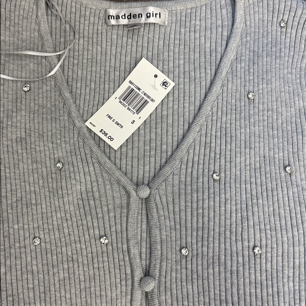 NWT Madden Girl Ribbed Gray Rhinestone Sweater - Picture 6 of 9